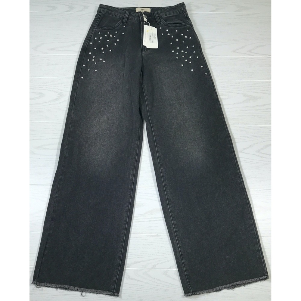 Chelsea & Violet Flare Jeans Womens 26 Black Frayed High Rise Rhinestones New